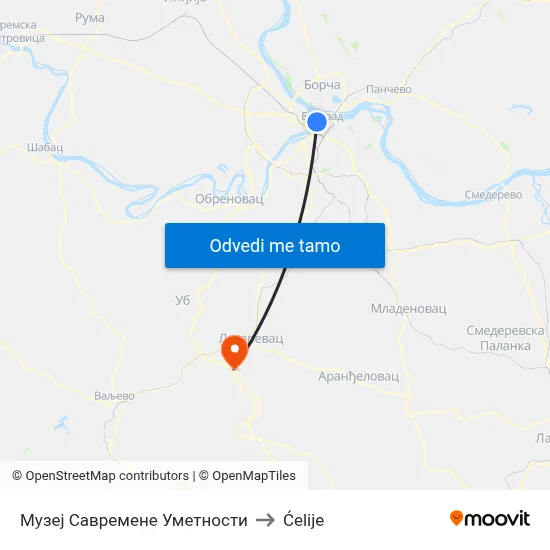 Музеј Савремене Уметности to Ćelije map
