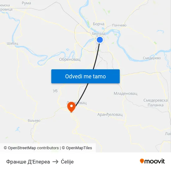 Франше Д'Епереа to Ćelije map