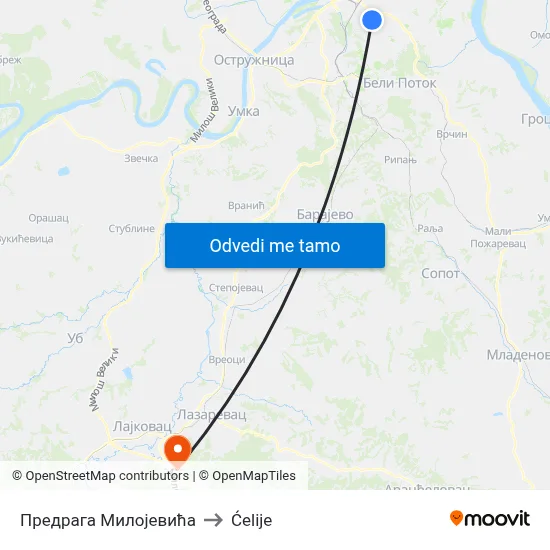 Предрага Милојевића to Ćelije map
