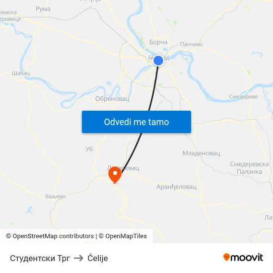 Студентски Трг to Ćelije map