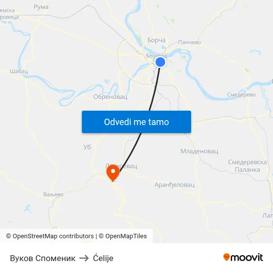 Вуков Споменик to Ćelije map