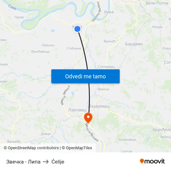 Звечка - Липа to Ćelije map