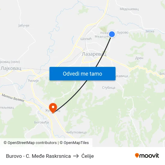 Burovo - C. Međe Raskrsnica to Ćelije map
