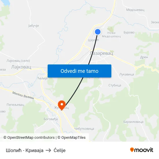 Шопић - Криваја to Ćelije map