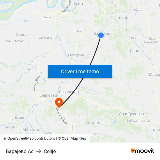 Барајево Ас to Ćelije map