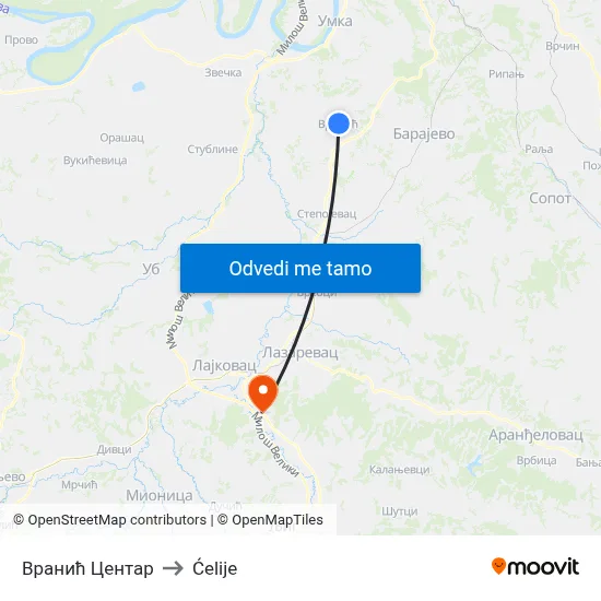 Вранић Центар to Ćelije map