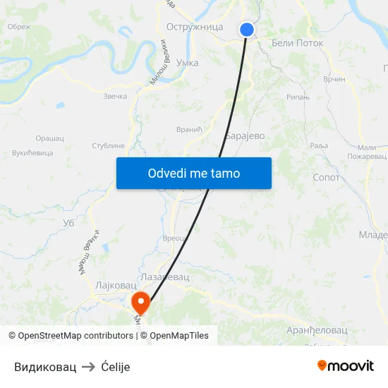 Видиковац to Ćelije map