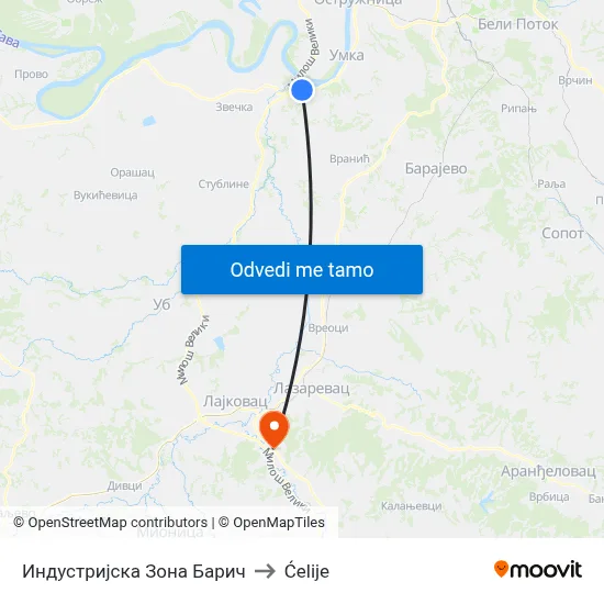 Индустријска Зона Барич to Ćelije map