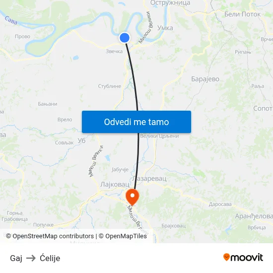 Gaj to Ćelije map