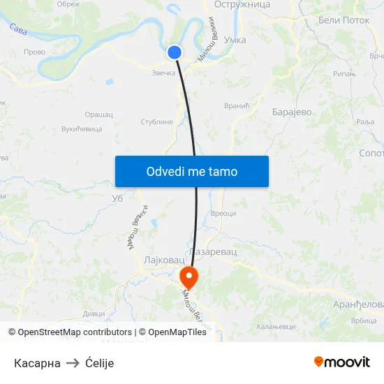 Касарна to Ćelije map