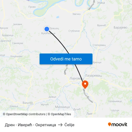Дрен - Иверић - Окретница to Ćelije map