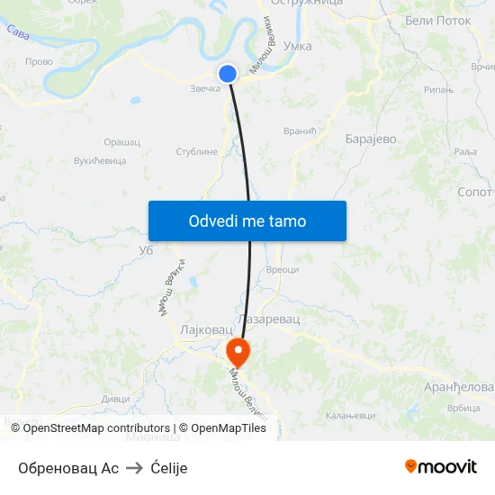 Обреновац Ас to Ćelije map