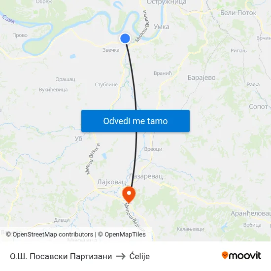 О.Ш. Посавски Партизани to Ćelije map