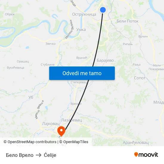 Бело Врело to Ćelije map
