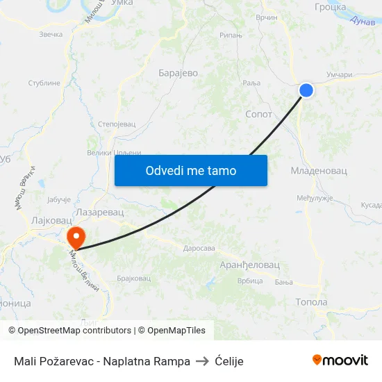 Mali Požarevac - Naplatna Rampa to Ćelije map