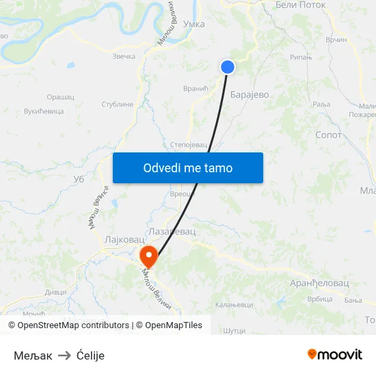Мељак to Ćelije map
