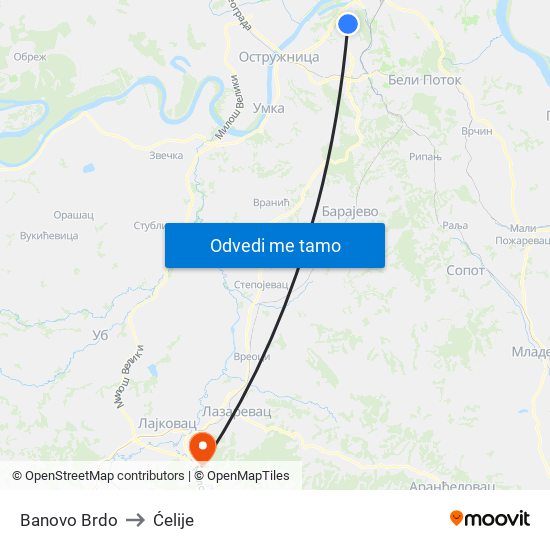 Banovo Brdo to Ćelije map