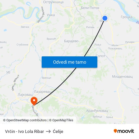 Vrčin - Ivo Lola Ribar to Ćelije map