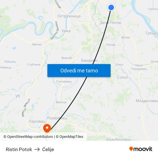 Ristin Potok to Ćelije map