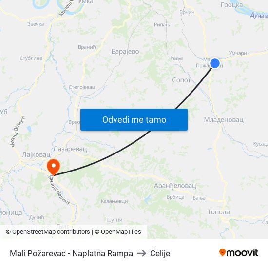 Mali Požarevac - Naplatna Rampa to Ćelije map