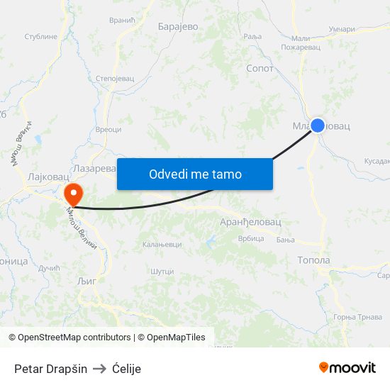 Petar Drapšin to Ćelije map