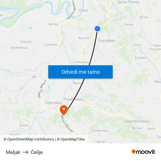 Meljak to Ćelije map