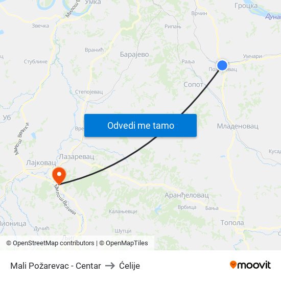 Mali Požarevac - Centar to Ćelije map