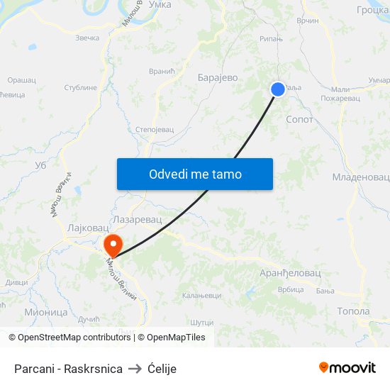 Parcani - Raskrsnica to Ćelije map