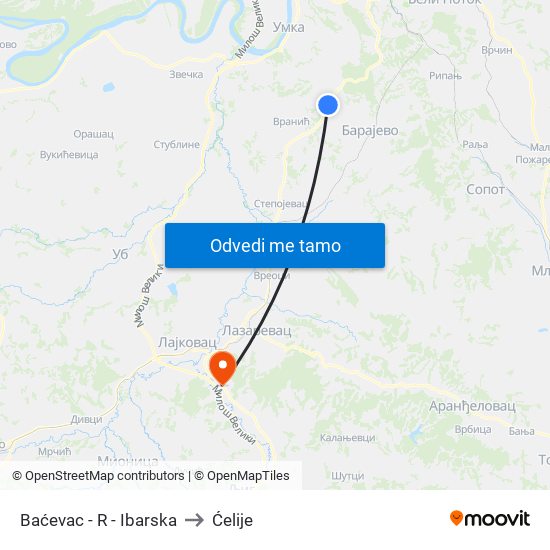 Baćevac - R - Ibarska to Ćelije map