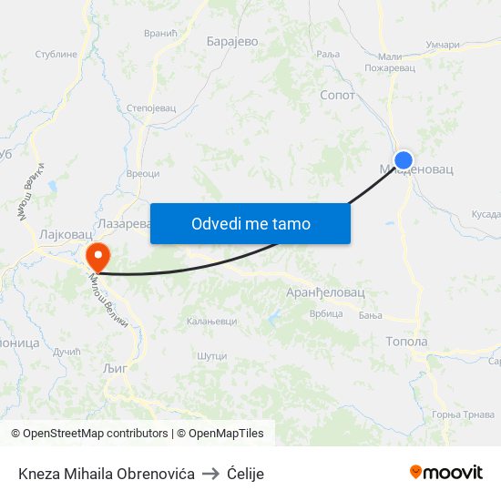 Kneza Mihaila Obrenovića to Ćelije map