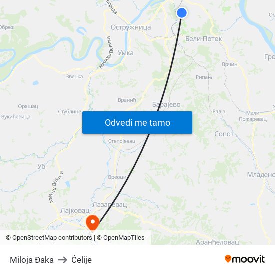 Miloja Đaka to Ćelije map