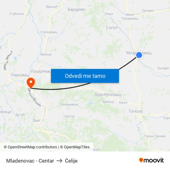 Mladenovac - Centar to Ćelije map