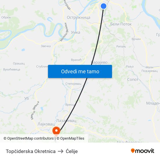 Topčiderska Okretnica to Ćelije map