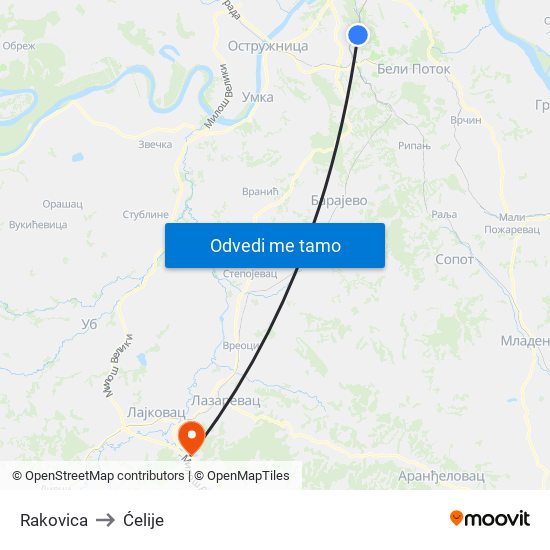 Rakovica to Ćelije map