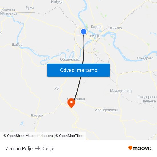 Zemun Polje to Ćelije map