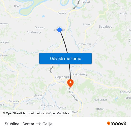 Stubline - Centar to Ćelije map
