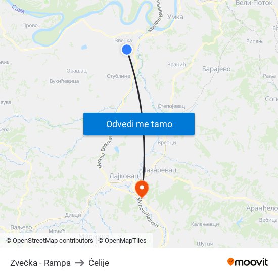 Zvečka - Rampa to Ćelije map