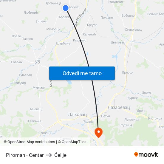 Piroman - Centar to Ćelije map