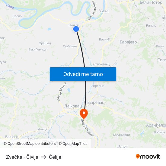 Zvečka - Čivija to Ćelije map