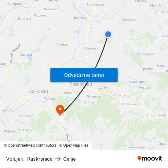 Volujak - Raskrsnica to Ćelije map