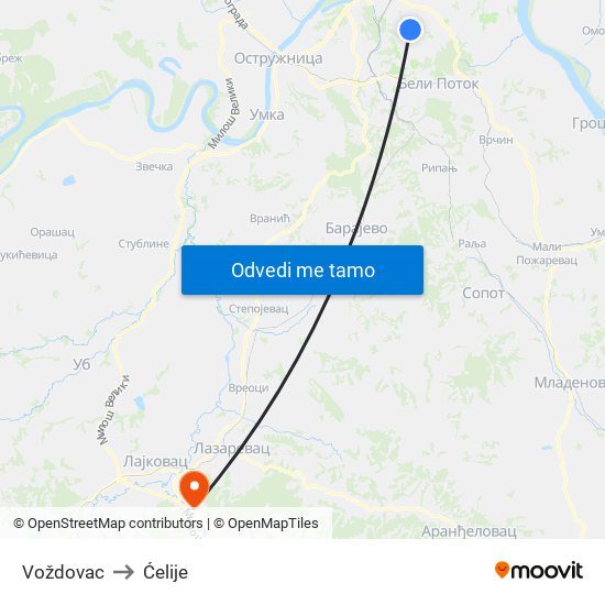 Voždovac to Ćelije map