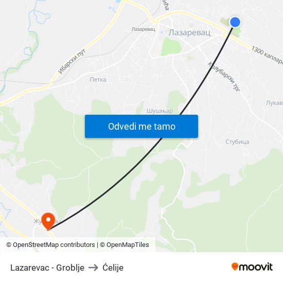 Lazarevac - Groblje to Ćelije map