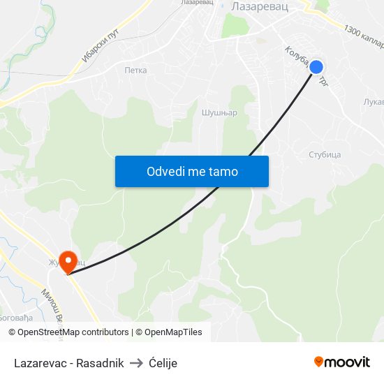 Lazarevac - Rasadnik to Ćelije map