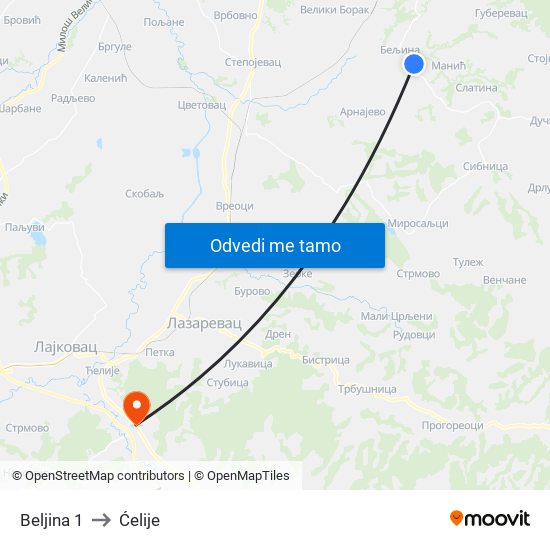 Beljina 1 to Ćelije map