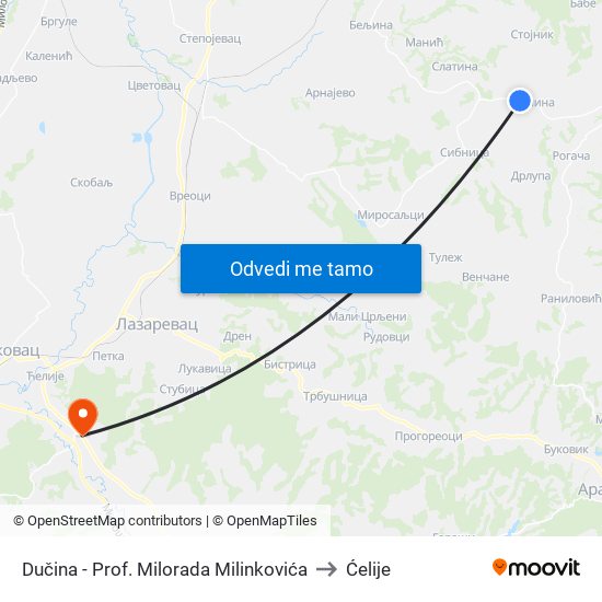 Dučina - Prof. Milorada Milinkovića to Ćelije map