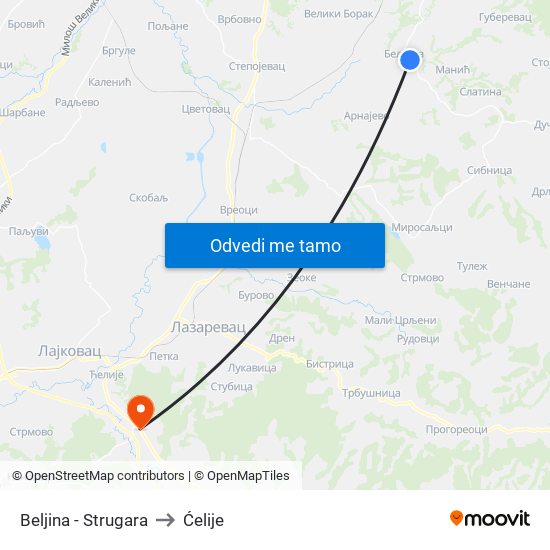 Beljina - Strugara to Ćelije map