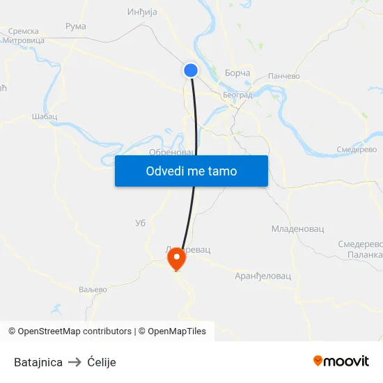 Batajnica to Ćelije map