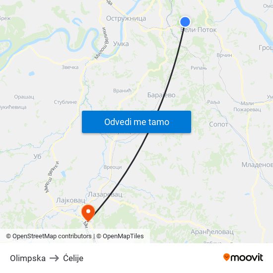 Olimpska to Ćelije map