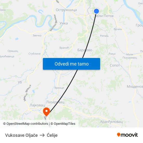 Vukosave Oljače to Ćelije map