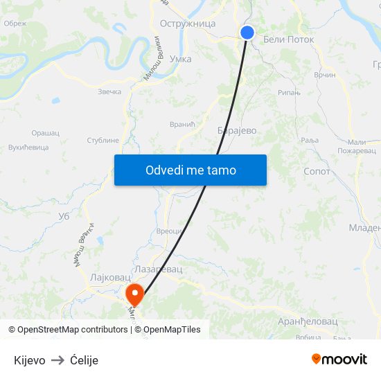 Kijevo to Ćelije map